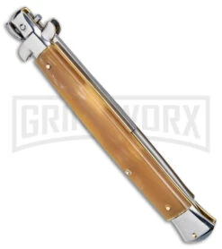 Frank B. 13" Blonde Horn Stiletto Automatic Knife (Bayo) 6 Frank B. 13" Blonde Horn Stiletto Automatic Knife (Bayo) -Knife Sale Shop Frank B 13in Italian Stiletto Auto Blonde Horn Satin Bayo BHQ 145449 jr side large