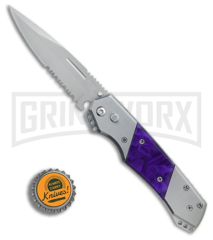 Super Knife Croc Automatic Knife Stainless W/ Purple Inlay - Satin Serr 4 Super Knife Croc Automatic Knife Stainless W/ Purple Inlay - Satin Serr - Image 4