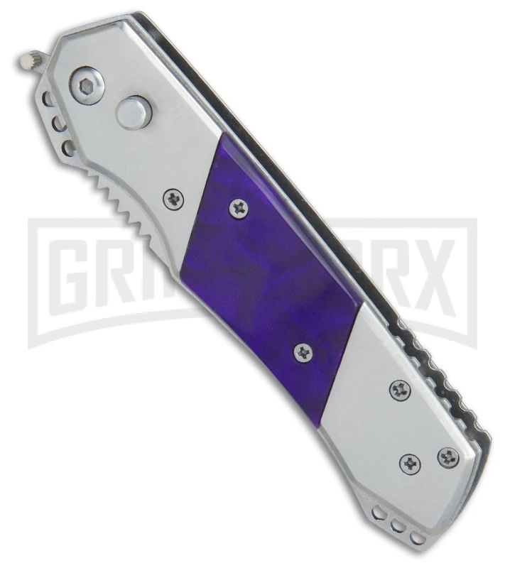 Super Knife Croc Automatic Knife Stainless W/ Purple Inlay - Satin Serr 3 Super Knife Croc Automatic Knife Stainless W/ Purple Inlay - Satin Serr - Image 3