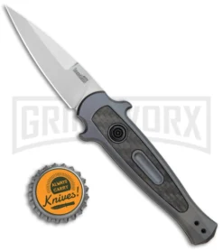Kershaw Launch 12 Gray Aluminum Mini Stiletto Automatic Knife - Stonewash Plain -Knife Sale Shop Kershaw Launch 12 Mini Stiletto Auto Gray CF SW KER7125GRY BHQ 114043 jr bottlecap large