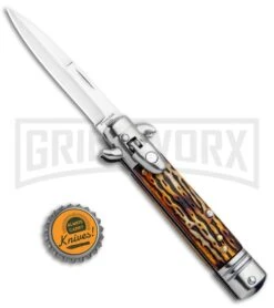 Milano 7.5" Lever Lock Automatic Knife Sim Stag - Satin 9 Milano 7.5" Lever Lock Automatic Knife Sim Stag - Satin -Knife Sale Shop Leverletto Style Italian Auto Sim Stag Bayo GSE020STG GX 33520 jr bottlecap large