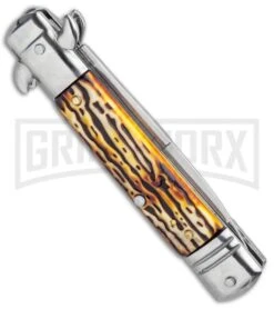 Milano 7.5" Lever Lock Automatic Knife Sim Stag - Satin 7 Milano 7.5" Lever Lock Automatic Knife Sim Stag - Satin -Knife Sale Shop Leverletto Style Italian Auto Sim Stag Bayo GSE020STG GX 33520 jr side large