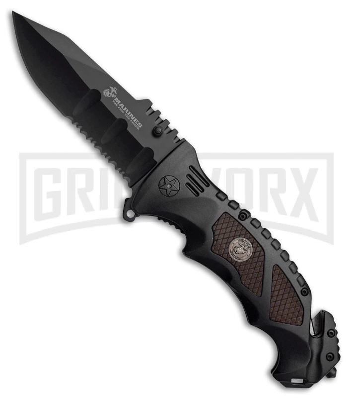 M-Tech USMC Crasher Black Spring Assisted Knife - Black Serrated 1 M-Tech USMC Crasher Black Spring Assisted Knife - Black Serrated