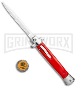 Mago 11" Bayonet Italian Stiletto OTF Knife Red W/Polished Bolster - Satin Plain 9 Mago 11" Bayonet Italian Stiletto OTF Knife Red W/Polished Bolster - Satin Plain -Knife Sale Shop Mago 11in Red Bayo Italian Stiletto OTF Auto Satin Silver Boster GX 36174 jr bottlecap large
