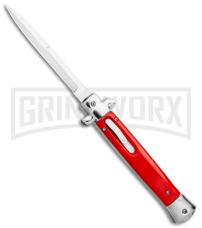 Mago 11" Bayonet Italian Stiletto OTF Knife Red W/Polished Bolster - Satin Plain 1 Mago 11" Bayonet Italian Stiletto OTF Knife Red W/Polished Bolster - Satin Plain