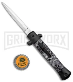 Mago 9" Black Cottonmouth Italian Stiletto OTF Automatic Knife - Satin Dagger -Knife Sale Shop Mago 9in Cottonmouth Italian Dagger OTF Auto Black Satin jr bottlecap large