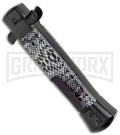 Mago 9" Black Cottonmouth Italian Stiletto OTF Automatic Knife - Satin Dagger -Knife Sale Shop Mago 9in Cottonmouth Italian Dagger OTF Auto Black Satin jr side large