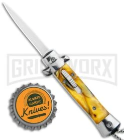 Mago 4.75" Mini Stiletto OTF Automatic Knife - Yellow Marble -Knife Sale Shop Mago Mini OTF Stiletto Yellow GX 34273 jr bottlecap large