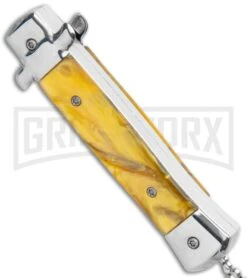 Mago 4.75" Mini Stiletto OTF Automatic Knife - Yellow Marble -Knife Sale Shop Mago Mini OTF Stiletto Yellow GX 34273 jr side large