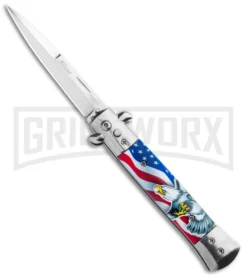 Milano 9" Automatic Stilletto Knife American Flag Eagle - Bayonet Satin