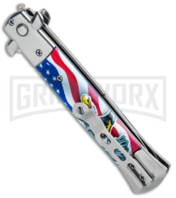 Milano 9" Automatic Stilletto Knife American Flag Eagle - Bayonet Satin 6 Milano 9" Automatic Stilletto Knife American Flag Eagle - Bayonet Satin -Knife Sale Shop Milano 9in American Flag Eagle Bayo Satin GS8MBK GX 34134 jr side large