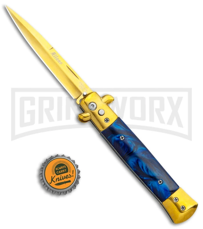 Milano 9" Italian Stiletto Blue Marble Automatic Knife - Bayonet Gold 4 Milano 9" Italian Stiletto Blue Marble Automatic Knife - Bayonet Gold - Image 4