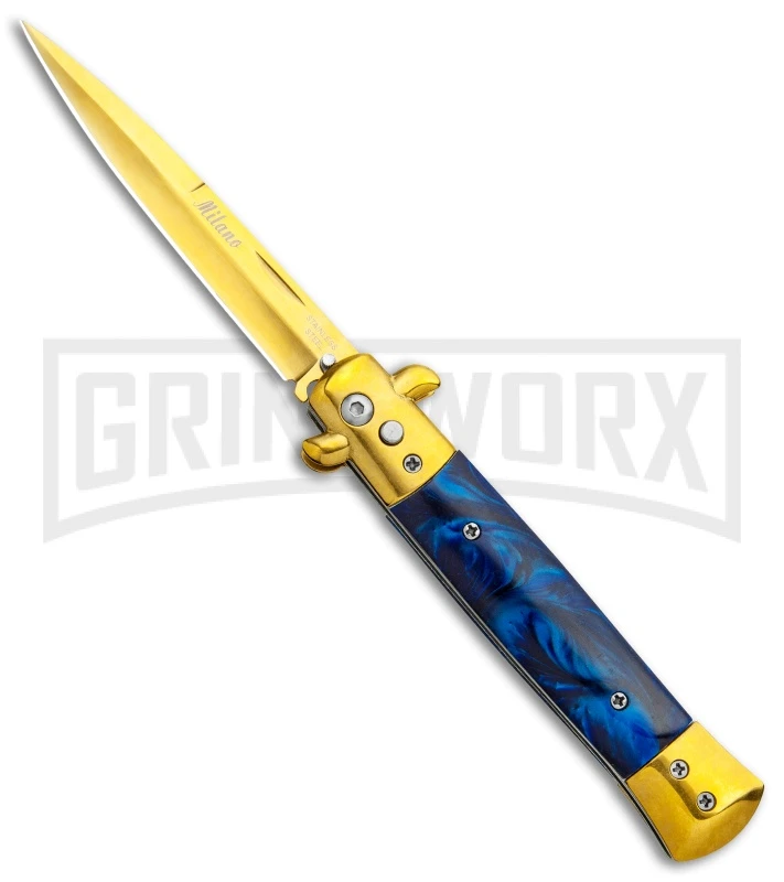 Milano 9" Italian Stiletto Blue Marble Automatic Knife - Bayonet Gold 1 Milano 9" Italian Stiletto Blue Marble Automatic Knife - Bayonet Gold
