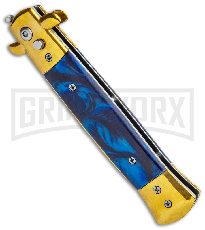Milano 9" Italian Stiletto Blue Marble Automatic Knife - Bayonet Gold 2 Milano 9" Italian Stiletto Blue Marble Automatic Knife - Bayonet Gold - Image 2