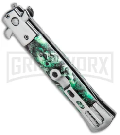 Milano 9" Stiletto Green Skull Automatic Knife - Bayonet Satin -Knife Sale Shop Milano 9in Stiletto Green Skull Auto Bayo GSE018CMGRN 1 GX 33509 jr side large
