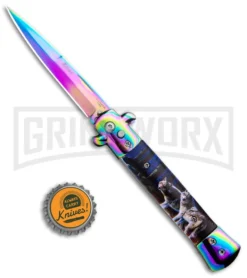 Milano 9" Stiletto Wolves Automatic Knife - Bayonet Satin -Knife Sale Shop Milano 9in Stiletto Wolves Auto Bayo Spectrum 909GRYSL GX 33511 jr bottlecap large