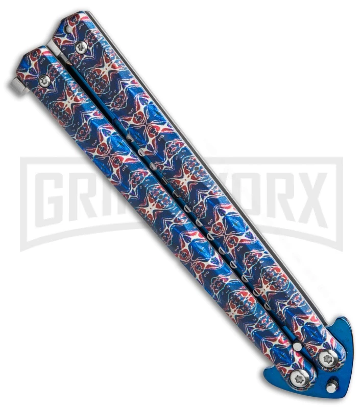 Chalkhill Balisong Butterfly Knife - Blue Spear Point Pattern Handles 3 Chalkhill Balisong Butterfly Knife - Blue Spear Point Pattern Handles - Image 3