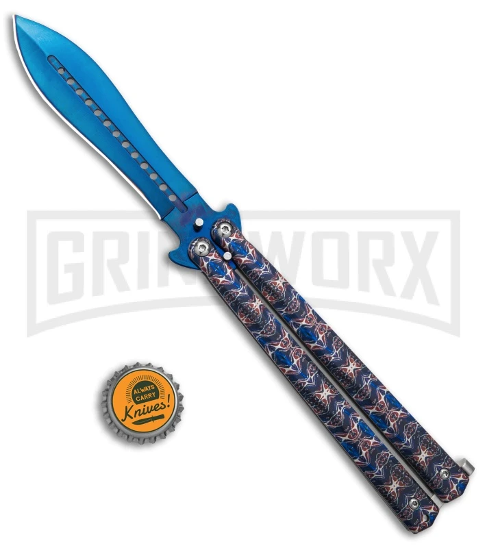Chalkhill Balisong Butterfly Knife - Blue Spear Point Pattern Handles 4 Chalkhill Balisong Butterfly Knife - Blue Spear Point Pattern Handles - Image 4