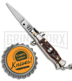 SKM 4" Italian Stiletto Keychain Stag Automatic Knife - Satin Plain -Knife Sale Shop SKM 4in Italian Stiletto Keychain Stag Auto Satin Plain GX 36961 jr bottlecap large