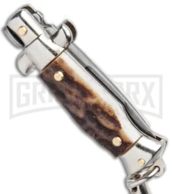 SKM 4" Italian Stiletto Keychain Stag Automatic Knife - Satin Plain -Knife Sale Shop SKM 4in Italian Stiletto Keychain Stag Auto Satin Plain GX 36961 jr side large