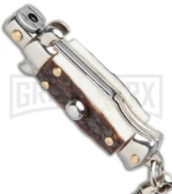 Knife Sale Shop -Knife Sale Shop SKM 4in Italian Stiletto Keychain Stag Auto Satin Plain GX 36961 jr spine large