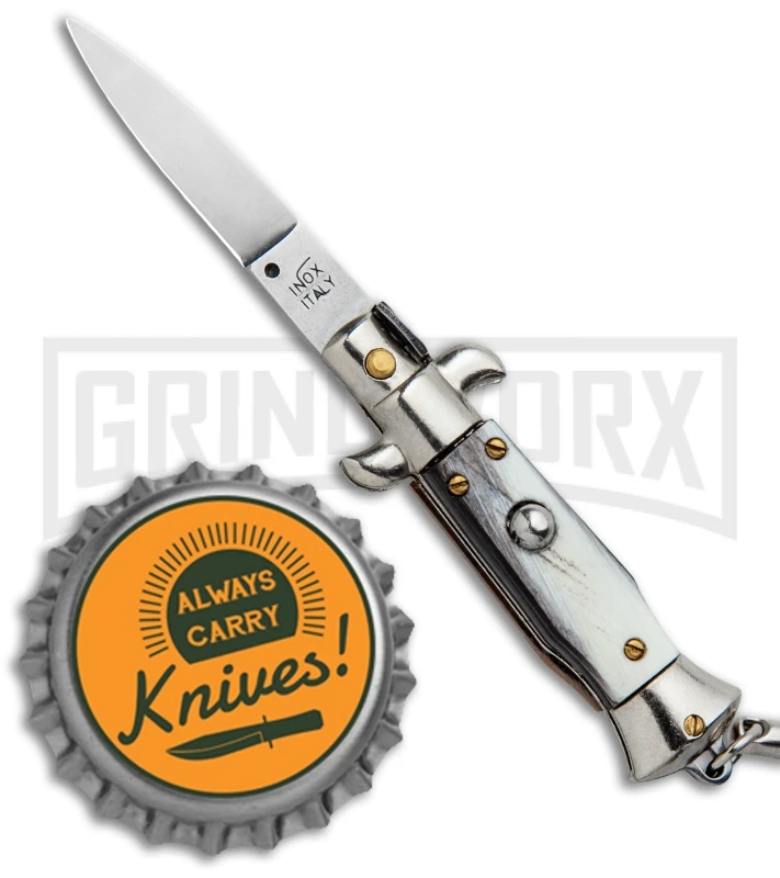 SKM 4" Italian Stiletto Brazilian Horn Automatic Knife Keychain - Flat Grind 4 SKM 4" Italian Stiletto Brazilian Horn Automatic Knife Keychain - Flat Grind - Image 4