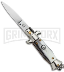 SKM 4" Italian Stiletto Brazilian Horn Automatic Knife Keychain - Flat Grind