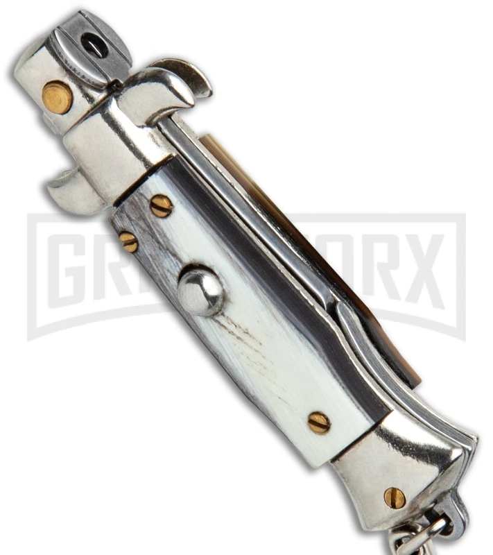 SKM 4" Italian Stiletto Brazilian Horn Automatic Knife Keychain - Flat Grind 2 SKM 4" Italian Stiletto Brazilian Horn Automatic Knife Keychain - Flat Grind - Image 2