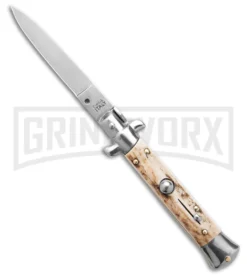 SKM 8" Italian Stiletto Stag Automatic Knife - Flat Satin Plain