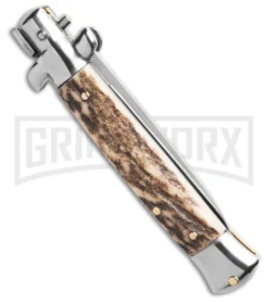 SKM 8" Italian Stiletto Stag Automatic Knife - Flat Satin Plain -Knife Sale Shop SKM 8in Italian Stiletto Automatic Knife Stag 3.25in Satin Flat BHQ 184024 hd side large