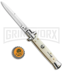 9" Italian Stiletto Sim Ivory Automatic Knife - Bayo Satin -Knife Sale Shop SKM AB 9in Italian Stiletto Bayo Auto Sim Ivory Satin BHQ 74900 jr bottlecap large
