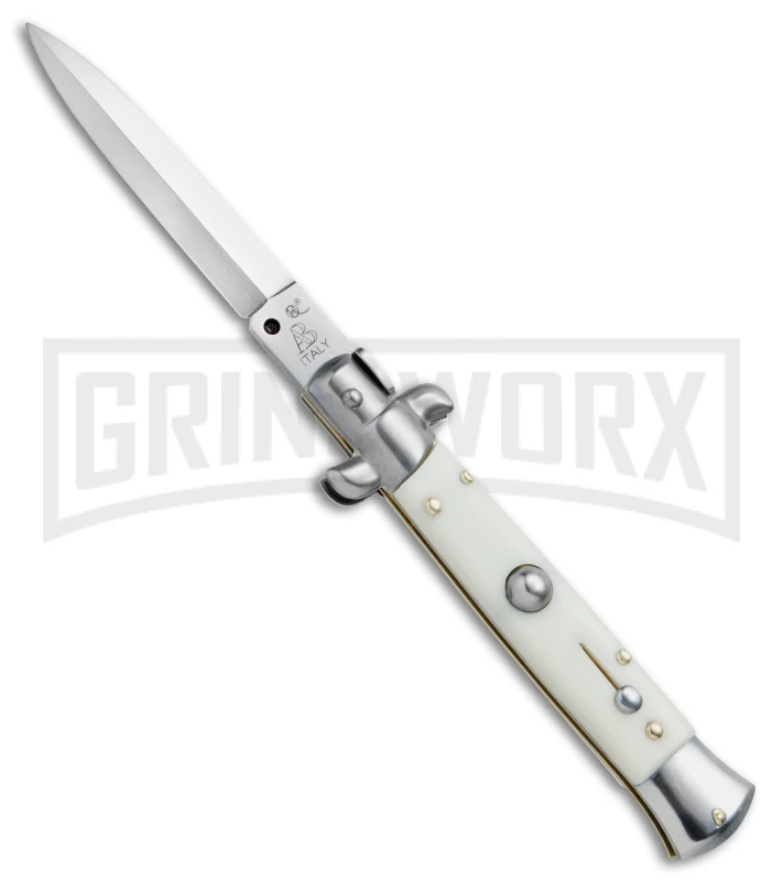 SKM/AB 8" Italian Stiletto Sim Ivory Automatic Knife - Dagger Satin 1 SKM/AB 8" Italian Stiletto Sim Ivory Automatic Knife - Dagger Satin