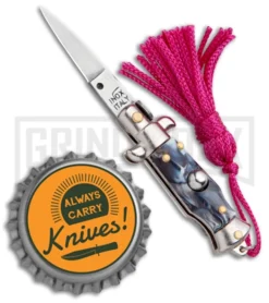 Italian Stiletto Gray Marble Automatic Knife Pink Keychain - Flat Grind -Knife Sale Shop SKM Italian Stiletto Keychain Auto Marble Pink Satin BHQ 102938 jr bottlecap large