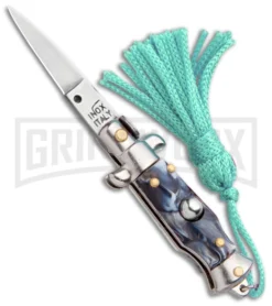 Italian Stiletto Gray Marble Automatic Knife Teal Keychain - Flat Grind