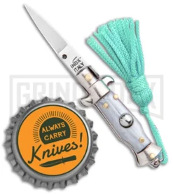 Italian Stiletto Gray Automatic Knife Teal Keychain - Flat Grind -Knife Sale Shop SKM Italian Stiletto Keychain Auto Silver Teal Satin BHQ 102942 jr bottlecap large