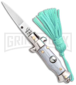 Italian Stiletto Gray Automatic Knife Teal Keychain - Flat Grind