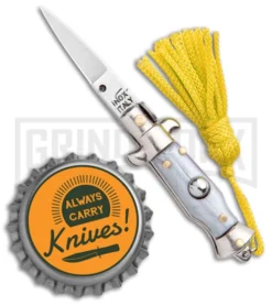 Italian Stiletto Gray Automatic Knife Yellow Keychain - Flat Grind -Knife Sale Shop SKM Italian Stiletto Keychain Auto Silver Yellow Satin BHQ 102940 jr bottlecap large