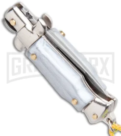 Italian Stiletto Gray Automatic Knife Yellow Keychain - Flat Grind -Knife Sale Shop SKM Italian Stiletto Keychain Auto Silver Yellow Satin BHQ 102940 jr side large