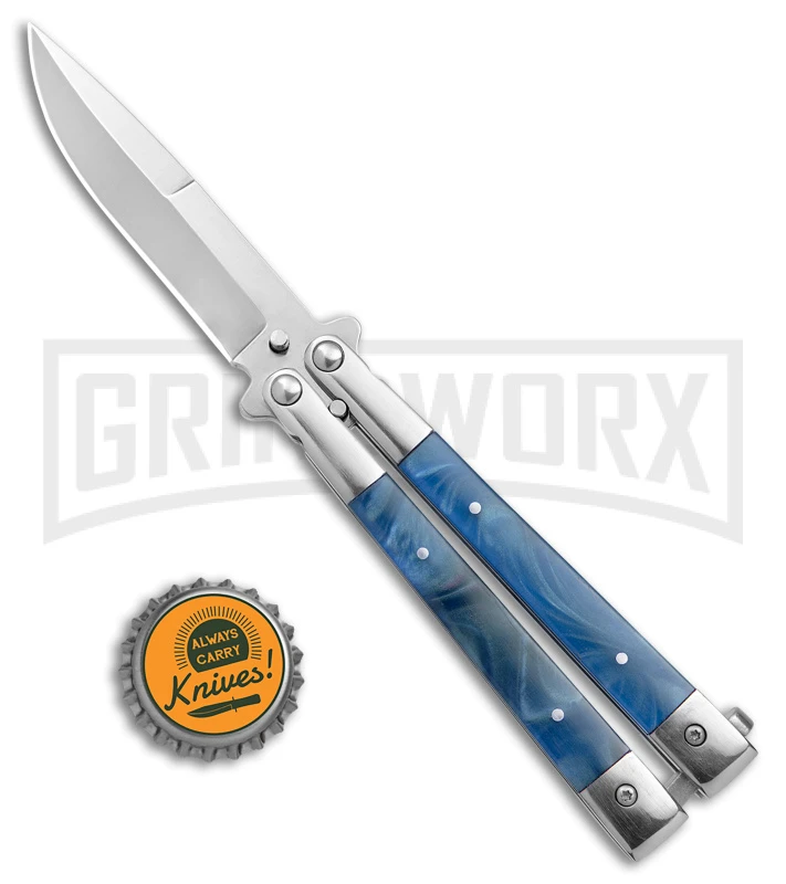 Blue Balisong Bayonet Butterfly Knife - Satin Plain 4 Blue Balisong Bayonet Butterfly Knife - Satin Plain - Image 4