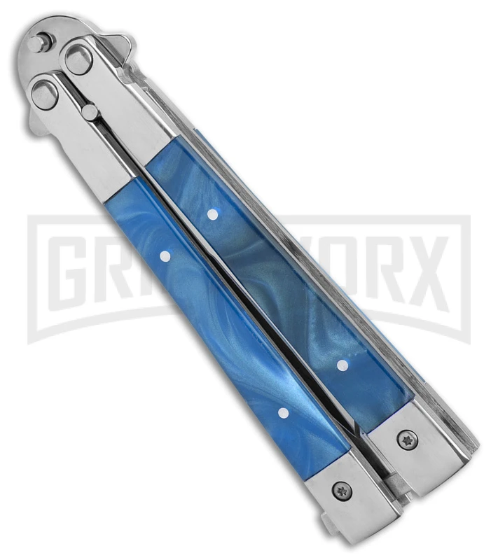 Blue Balisong Bayonet Butterfly Knife - Satin Plain 2 Blue Balisong Bayonet Butterfly Knife - Satin Plain - Image 2