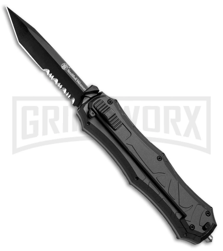 Smith & Wesson Spring Assisted Finger Actuator Tanto OTF Knife - Black Serr 1 Smith & Wesson Spring Assisted Finger Actuator Tanto OTF Knife - Black Serr