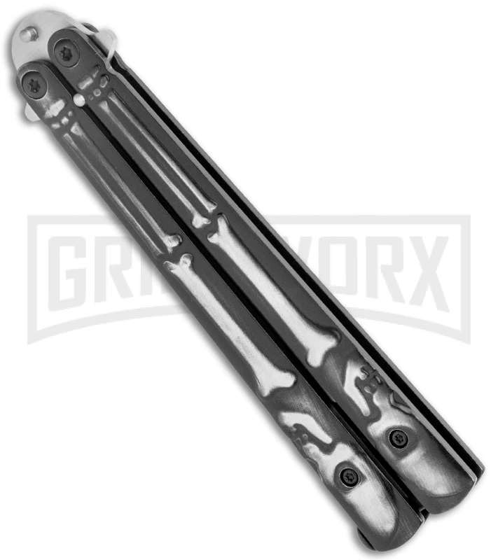 Super Knife Black Balisong Butterfly Knife Skull/Bones - Satin Serr 2 Super Knife Black Balisong Butterfly Knife Skull/Bones - Satin Serr - Image 2
