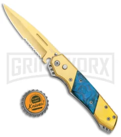Super Knife Croc Automatic Knife Gold W/ Blue Inlay - Gold Serr -Knife Sale Shop Super Knife Croc Auto Stainless Gold Blue Serr GX 35767 jr bottlecap large