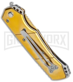 Super Knife Croc Automatic Knife Gold W/ Blue Inlay - Gold Serr -Knife Sale Shop Super Knife Croc Auto Stainless Gold Blue Serr GX 35767 jr side large