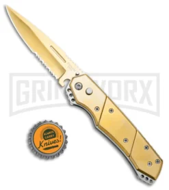 Super Knife Croc Automatic Knife Stainless Gold W/ Gold Inlay - Gold Serr -Knife Sale Shop Super Knife Croc Auto Stainless Gold Gold Inlay Gold Serr GX 34967 jr bottlecap large