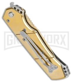 Super Knife Croc Automatic Knife Stainless Gold W/ Gold Inlay - Gold Serr -Knife Sale Shop Super Knife Croc Auto Stainless Gold Gold Inlay Gold Serr GX 34967 jr side large