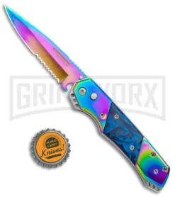 Super Knife Croc Automatic Knife Stainless Rainbow W/ Blue Inlay - Rainbow Serr -Knife Sale Shop Super Knife Crock Auto Stainless Rainbow Blue Spectrum Serr GX 35763 jr bottlecap large