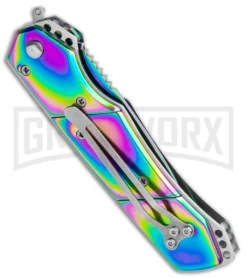 Super Knife Croc Automatic Knife Stainless Rainbow W/ Blue Inlay - Rainbow Serr -Knife Sale Shop Super Knife Crock Auto Stainless Rainbow Blue Spectrum Serr GX 35763 jr side large