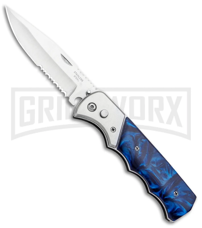 Super Knife Dingo Blue Marble Acrylic Automatic Knife - Satin Serr 1 Super Knife Dingo Blue Marble Acrylic Automatic Knife - Satin Serr