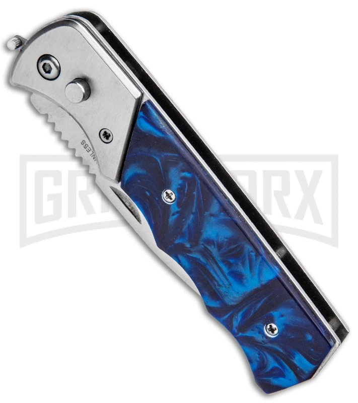 Super Knife Dingo Blue Marble Acrylic Automatic Knife - Satin Serr 2 Super Knife Dingo Blue Marble Acrylic Automatic Knife - Satin Serr - Image 2